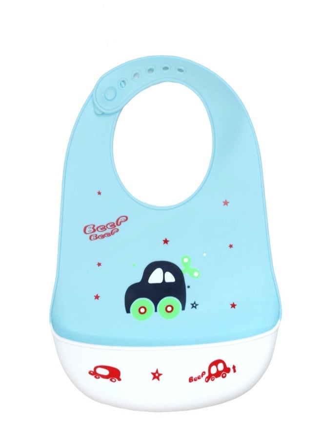 Yellow Bee Silicone Car Print Bib with Crumb Catcher and Adjustable Closure for Boys, Blue, 6-36 Months - Image 1