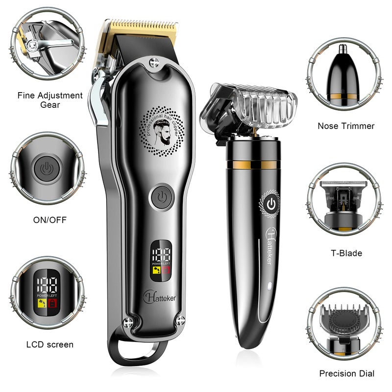 Hatteker Hair Clipper Cordless Barber Clipper T-Blade Beard & Nose Trimmer Grooming Kit Professional IPX7 Waterproof - Image 2