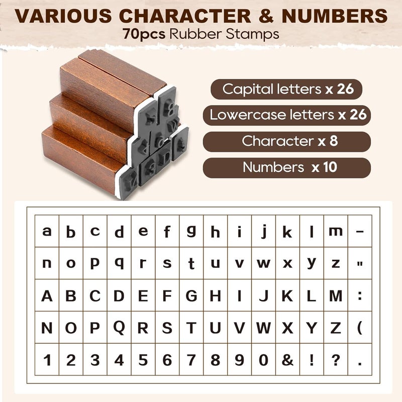 UCEC 70pcs Alphabet Stamps for Clay, Rubber Letter Stamps for Crafting, Wooden Letter Number and Symbol Stamp Set for Scrapbooking Supplies DIY Craft Card Making - Image 5