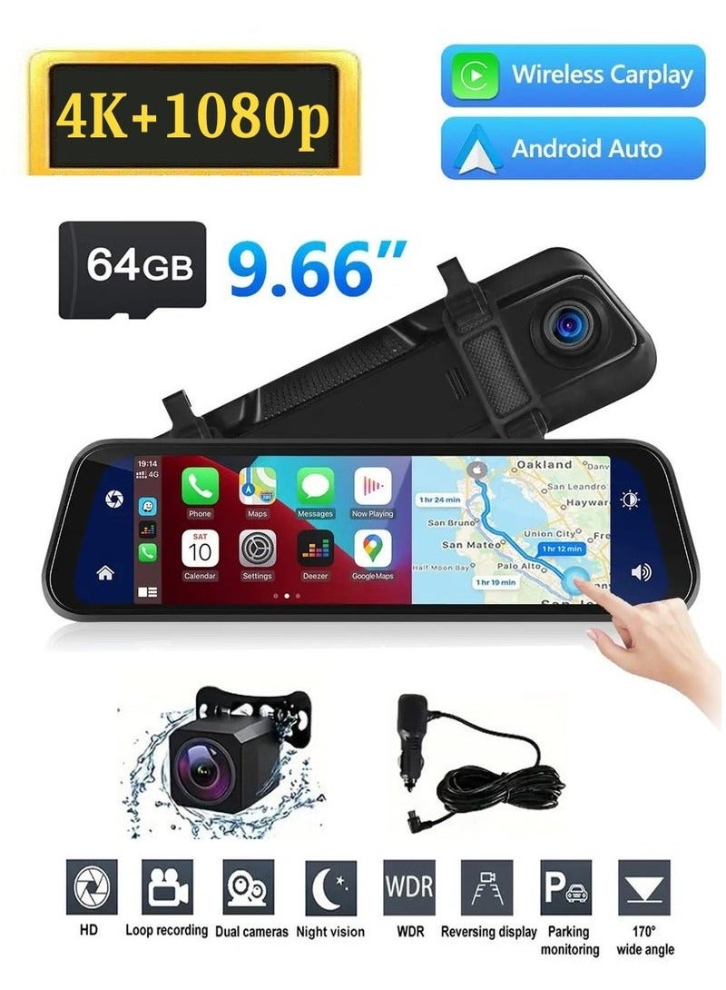 عربست كاميرا سيارة 4K، كاميرا أمامية وخلفية، شاشة كاملة 9.66 بوصة، مرآة الرؤية الخلفية، مسجل قيادة، واي فاي، تسجيل مزدوج أمامي وخلفي، رؤية ليلية عالية الدقة - Image 1