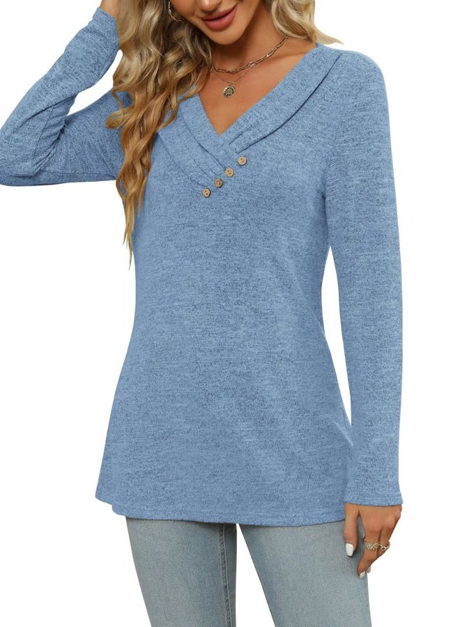 FMEYOA Women's Fall Long Sleeve Tunic Tops for Leggings V Neck Button Casual Blouse Sweatshirt(Blue,XX-Large) - Image 4