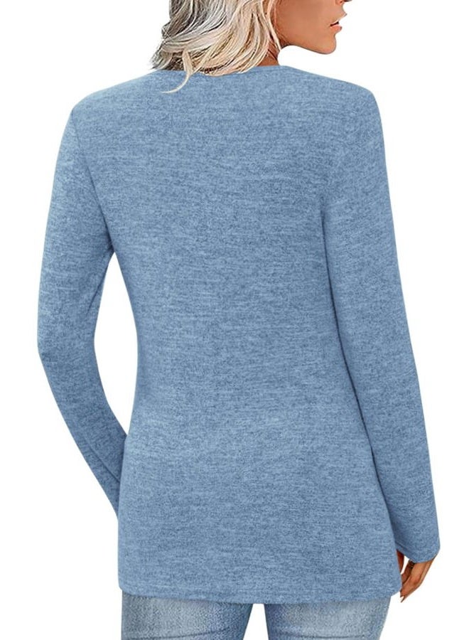 FMEYOA Women's Fall Long Sleeve Tunic Tops for Leggings V Neck Button Casual Blouse Sweatshirt(Blue,XX-Large) - Image 2