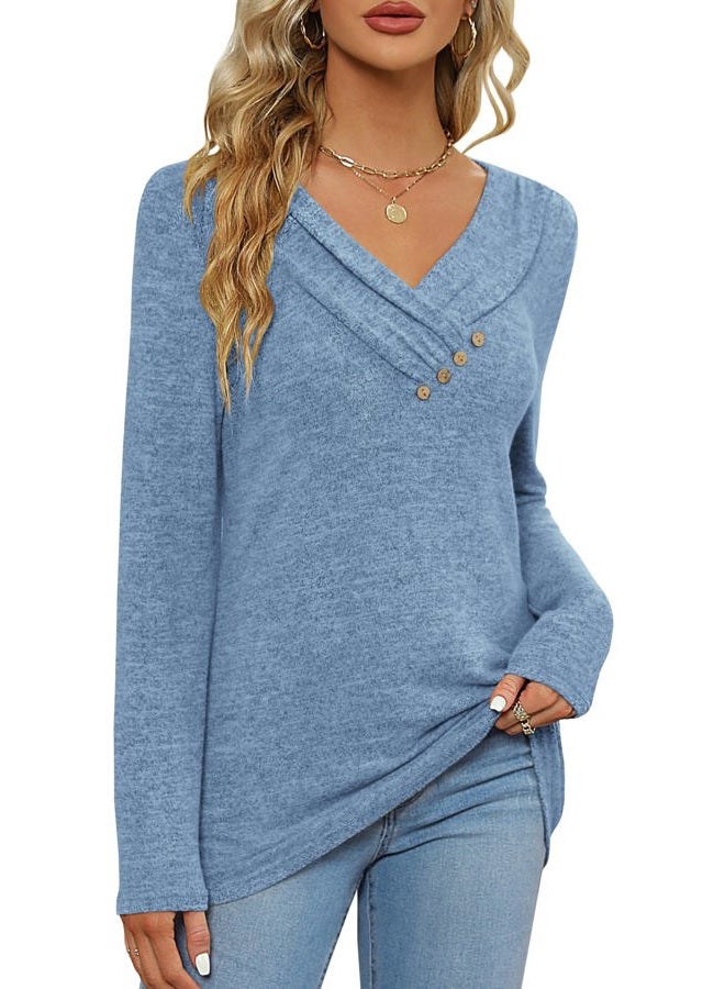 FMEYOA Women's Fall Long Sleeve Tunic Tops for Leggings V Neck Button Casual Blouse Sweatshirt(Blue,XX-Large) - Image 5