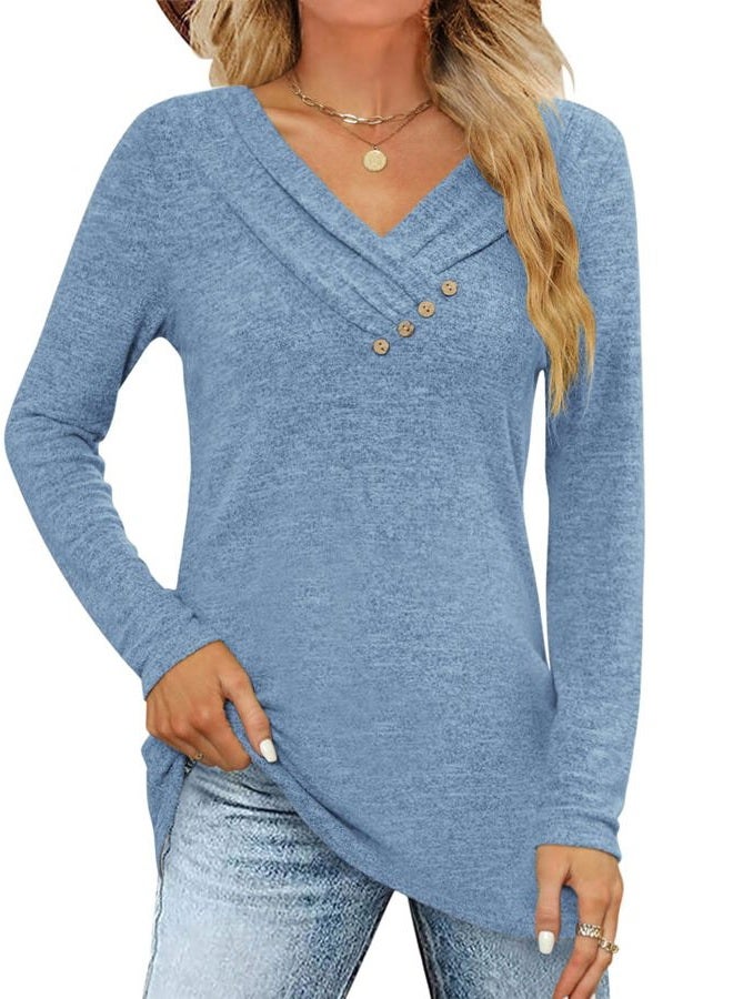 FMEYOA Women's Fall Long Sleeve Tunic Tops for Leggings V Neck Button Casual Blouse Sweatshirt(Blue,XX-Large) - Image 1