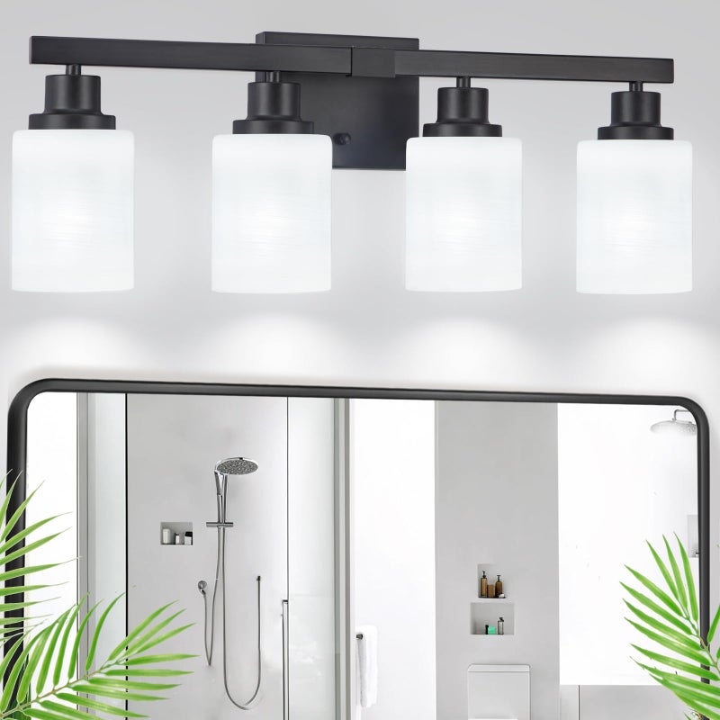 DIKAIDA Bathroom Light Fixtures, 4-Light Matte Black Bathroom Vanity Lights with Milky White Glass Shade, Bathroom Lights Over Mirror Wall Lamp Sconces for Mirror Bedroom, Living Room Hallway - Image 1