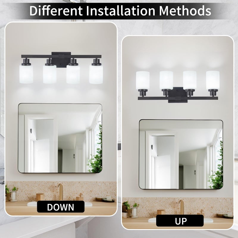 DIKAIDA Bathroom Light Fixtures, 4-Light Matte Black Bathroom Vanity Lights with Milky White Glass Shade, Bathroom Lights Over Mirror Wall Lamp Sconces for Mirror Bedroom, Living Room Hallway - Image 5