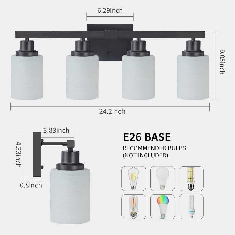 DIKAIDA Bathroom Light Fixtures, 4-Light Matte Black Bathroom Vanity Lights with Milky White Glass Shade, Bathroom Lights Over Mirror Wall Lamp Sconces for Mirror Bedroom, Living Room Hallway - Image 3
