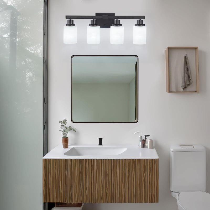 DIKAIDA Bathroom Light Fixtures, 4-Light Matte Black Bathroom Vanity Lights with Milky White Glass Shade, Bathroom Lights Over Mirror Wall Lamp Sconces for Mirror Bedroom, Living Room Hallway - Image 2