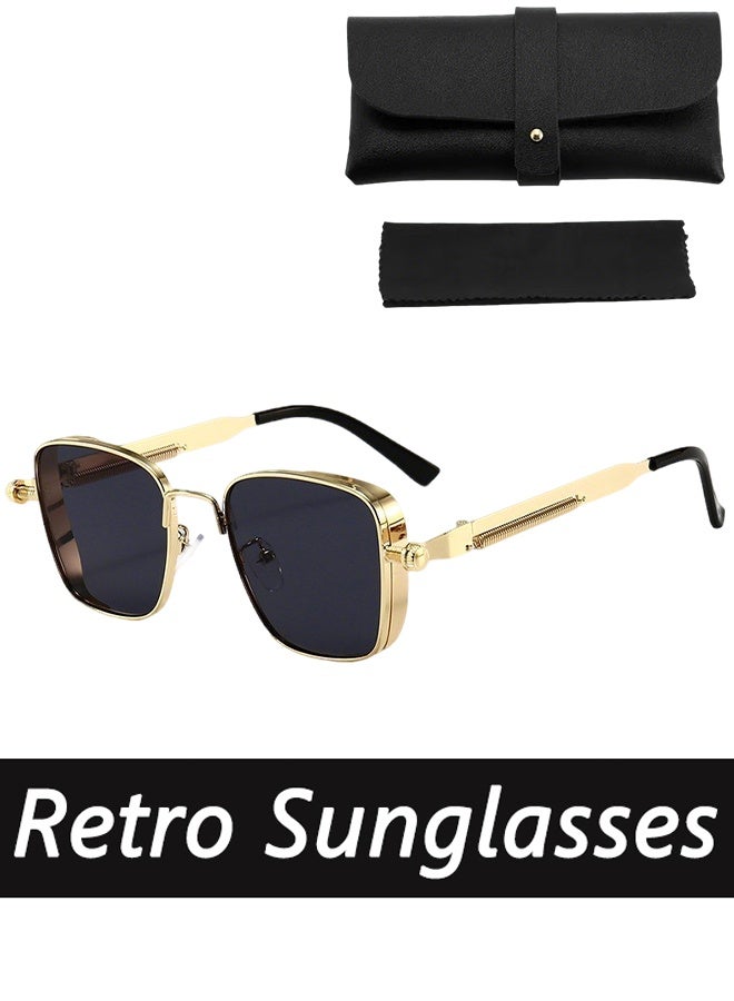 Retro Cool Steampunk Glasses Gold Square Metal Frame Fashion Glasses For Men Women Outdoor Sports,comes with a glasses case and a glasses cleaning cloth