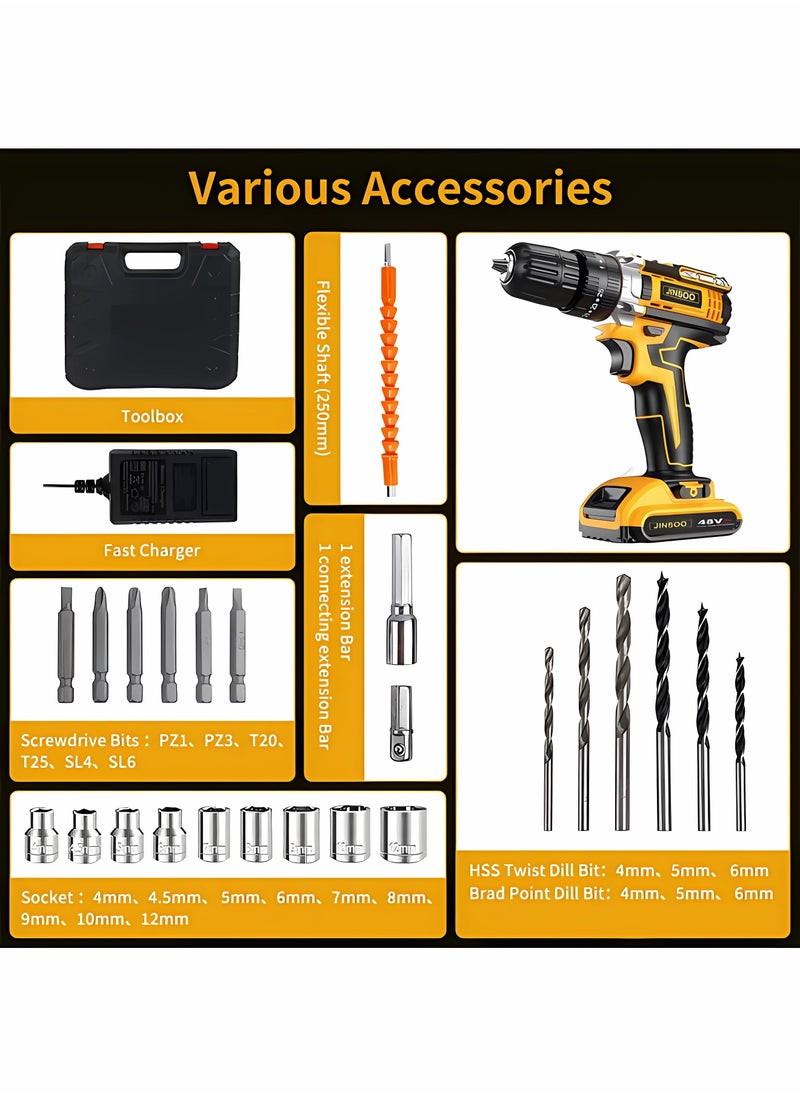 JINSOO - JINSOO 48v rechargeable drill, 3/8 inch drill with lithium battery and charger set, 3 function +25 speed adjustable drill, 36 pieces with multiple accessories drill set - Image 1