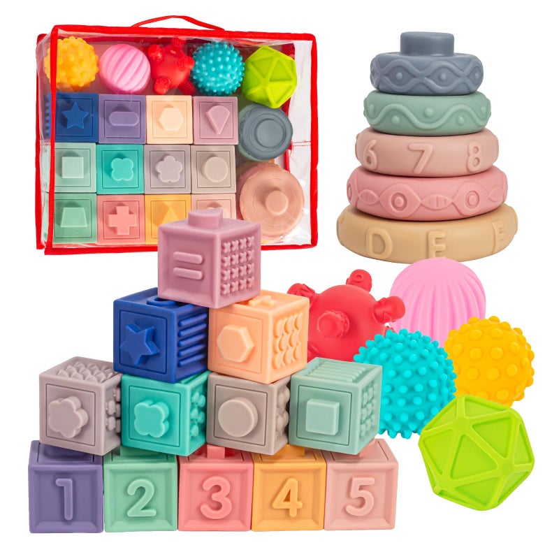spring flower SpringFlower 3 in 1 Montessori Toys for Babies 03612 Months Soft Baby Teething Stacking Building Blocks for Infants Sensory Developmental Education Toys for Toddler Baby 1218 Months22 PCS - Image 4