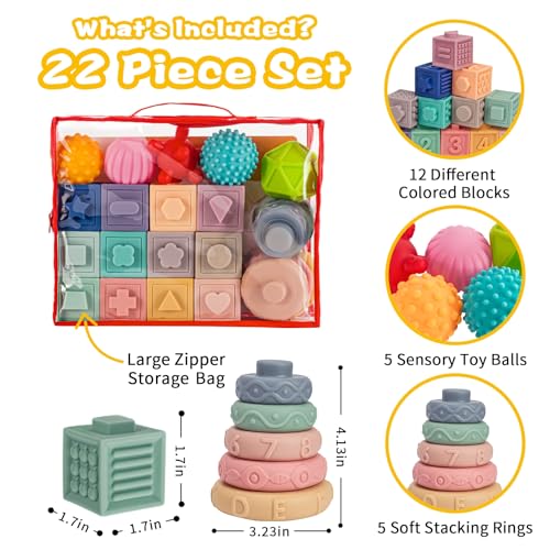 spring flower SpringFlower 3 in 1 Montessori Toys for Babies 03612 Months Soft Baby Teething Stacking Building Blocks for Infants Sensory Developmental Education Toys for Toddler Baby 1218 Months22 PCS - Image 5