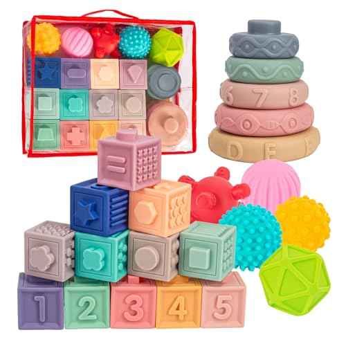 spring flower SpringFlower 3 in 1 Montessori Toys for Babies 03612 Months Soft Baby Teething Stacking Building Blocks for Infants Sensory Developmental Education Toys for Toddler Baby 1218 Months22 PCS - Image 1