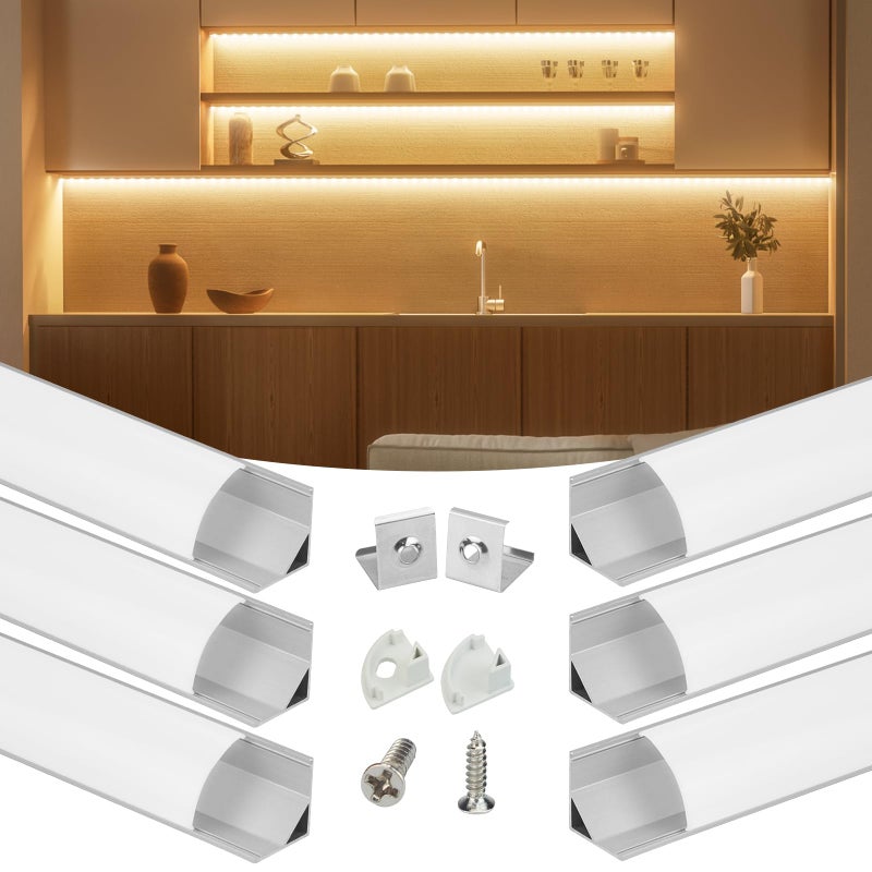 Muzata 6Pack 3.3FT/1M V Shape LED Channel Silver Aluminum LED Strip Diffuser Channel with Milky White Cover Frosted Corner Lighting Easy Installation V1SW WW 1M - Image 1