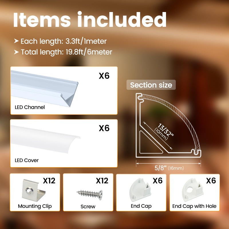Muzata 6Pack 3.3FT/1M V Shape LED Channel Silver Aluminum LED Strip Diffuser Channel with Milky White Cover Frosted Corner Lighting Easy Installation V1SW WW 1M - Image 2