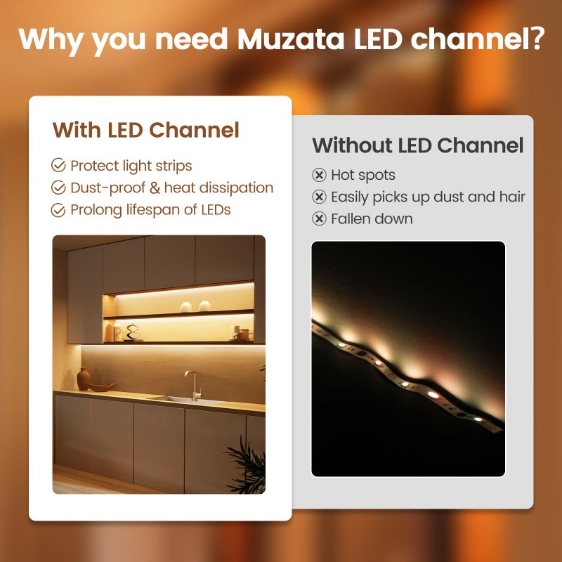 Muzata 6Pack 3.3FT/1M V Shape LED Channel Silver Aluminum LED Strip Diffuser Channel with Milky White Cover Frosted Corner Lighting Easy Installation V1SW WW 1M - Image 3