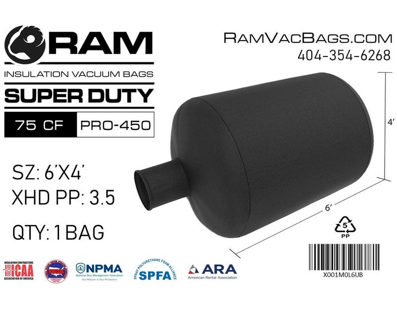 RAM (1) كيس فراغ لإزالة العزل - قوي جداً ومقاوم للتمزق 6 قدم × 4 قدم - فوهة تعبئة سهلة وفلتر أدنى غبار - الخيار الأول للمقاولين - سعة 450 رطل / 75 قدم مكعب PRO-450 (قوة 3.5 أونصة) من RAM - Image 4