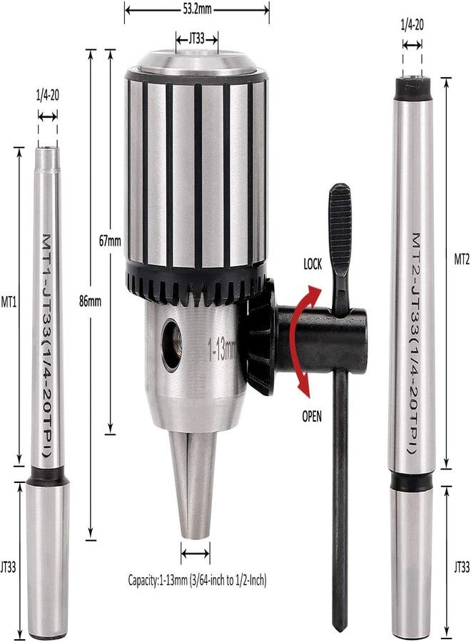 KingTool 4 Pcs Drill Chuck Set - 1/2-Inch Drill Chuck with Chuck Key with #1 (JT33-MT1) and #2 (JT33-MT2) Morse Taper Arbor - Image 2