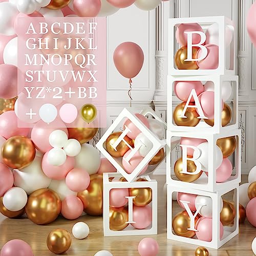 Netnology Baby Boxes with Letters for Baby Shower 6pcs Transparent Boxes with 2 Set of AZB Letter and 45pcs Balloons for Girl Baby Shower Decoration Birthday Party Block Bridal Shower Decor Backdrop - Image 1
