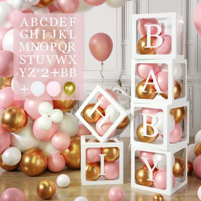 Netnology Baby Boxes with Letters for Baby Shower 6pcs Transparent Boxes with 2 Set of AZB Letter and 45pcs Balloons for Girl Baby Shower Decoration Birthday Party Block Bridal Shower Decor Backdrop - Image 2