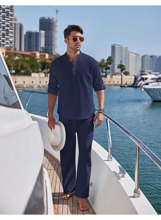 Men's Fall Casual Outfits Solid Color Henley Collar Long Sleeve Tops with Elastic Waist Pants 2 Piece Matching Set  - Image 1