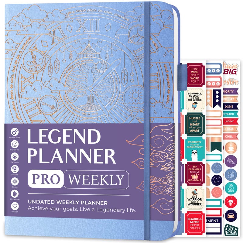 Legend Planner PRO Deluxe Weekly Monthly Life Planner to Increase Productivity and Hit Your Goals Time Management Organizer Notebook Undated 7 x 10 Hardcover Stickers Periwinkle