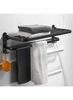 Bathroom Double Towel Rack,Towel Shelf with Two Towel Bars and Hooks Design,23.6-inch Wall-Mounted Bath Towel Racks,No Rust,High Strength Aluminum Alloy Matte Black
