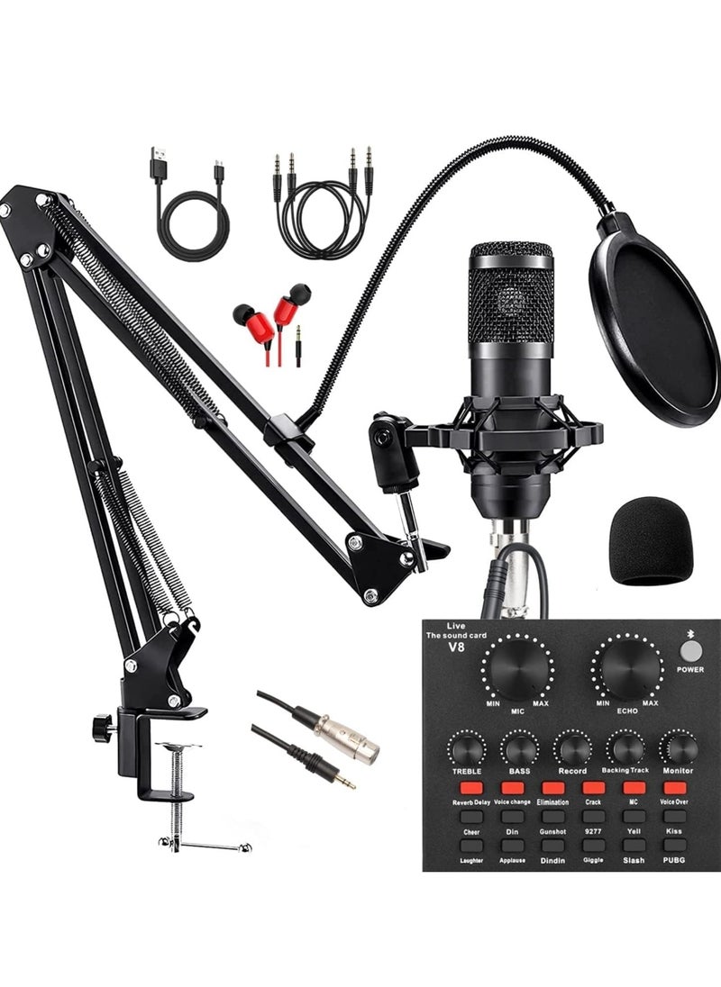 Generic Podcast Equipment Bundle, with BM800 Podcast Microphone and V8 Sound Card, Voice Changer - Audio Interface -Perfect for Recording, Singing, Streaming and Gaming (BLACK)  - Image 1