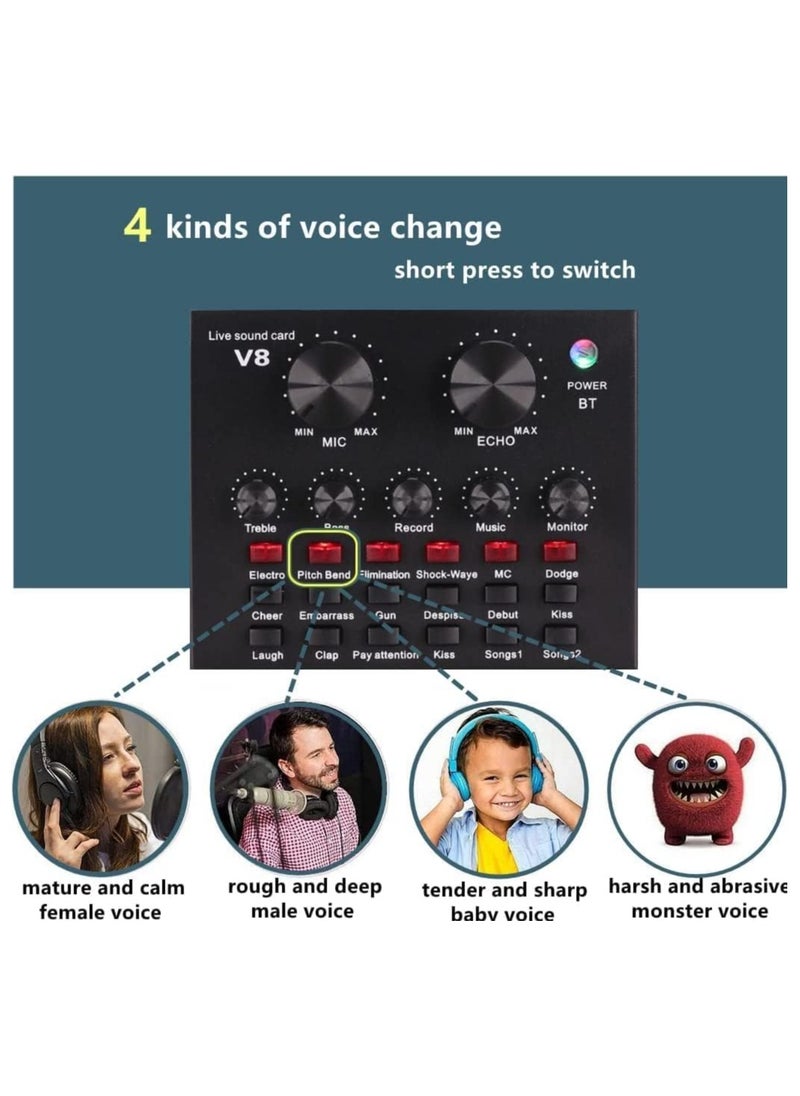Generic Podcast Equipment Bundle, with BM800 Podcast Microphone and V8 Sound Card, Voice Changer - Audio Interface -Perfect for Recording, Singing, Streaming and Gaming (BLACK)  - Image 2