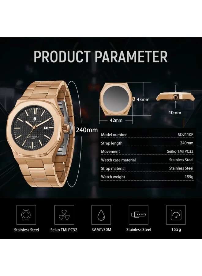 Sapphero  SAPPHERO Men's Watch Octagonal Stainless Steel 30M Waterproof Luminous Wristwatch Luxury Analog Quartz Watch for Men with Date Elegant Mens for Men | Best Price UAE