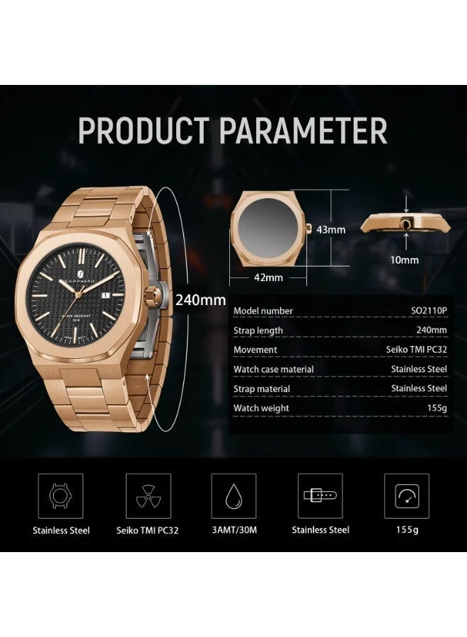 Sapphero  SAPPHERO Men's Watch Octagonal Stainless Steel 50M Waterproof Luminous Wristwatch Luxury Analog Quartz Watch for Men with Date Elegant Mens for Men | Best Price UAE