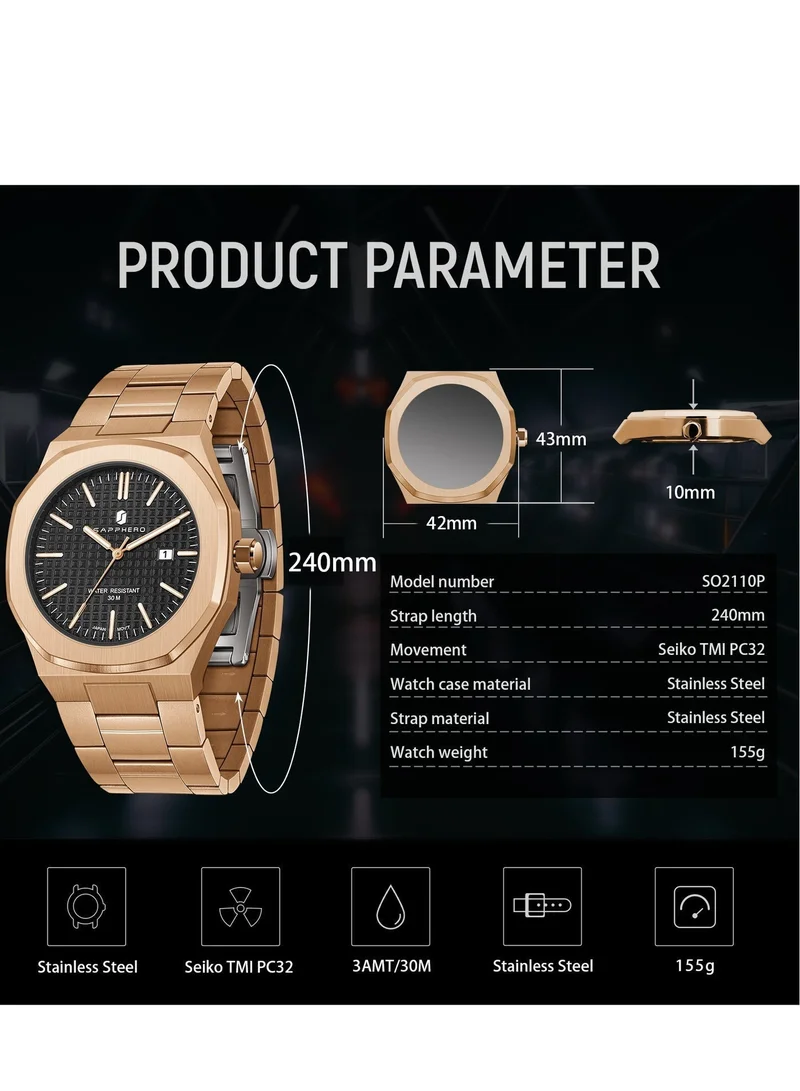 Sapphero  SAPPHERO Men's Watch Octagonal Stainless Steel 50M Waterproof Luminous Wristwatch Luxury Analog Quartz Watch for Men with Date Elegant Mens for Men | Best Price UAE