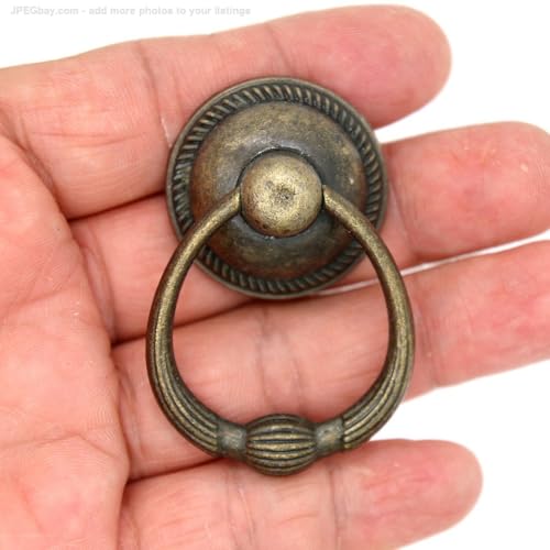 LXZ 6 PCs Vintage Antique Brass Drop Ring Pulls -Drawer Ring Handles – Ring Pull with Single Mounting Hole - Large Size, Ring Size 1.4-in (3.6 cm), Pull Height 2.1-in (5.4 cm) - Image 4