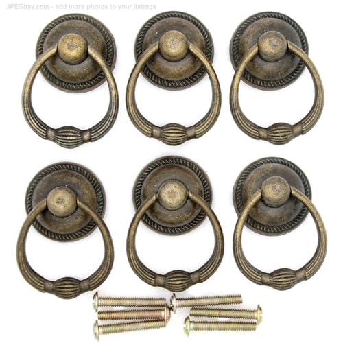 LXZ 6 PCs Vintage Antique Brass Drop Ring Pulls -Drawer Ring Handles – Ring Pull with Single Mounting Hole - Large Size, Ring Size 1.4-in (3.6 cm), Pull Height 2.1-in (5.4 cm) - Image 1