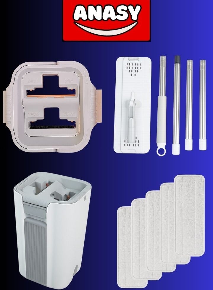 مجموعة ممسحة ودلو بعصر ذاتي – ممسحة فلات من الألياف الدقيقة بدوران 360° ومقبض طويل – للتنظيف الجاف والرطب للأرضيات والنوافذ – مثالية لتنظيف المنزل في الإمارات - Image 2