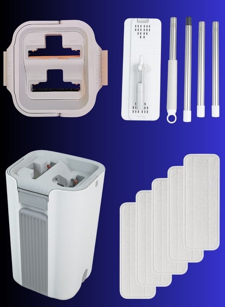 مجموعة ممسحة ودلو بعصر ذاتي – ممسحة فلات من الألياف الدقيقة بدوران 360° ومقبض طويل – للتنظيف الجاف والرطب للأرضيات والنوافذ – مثالية لتنظيف المنزل في الإمارات - Image 2