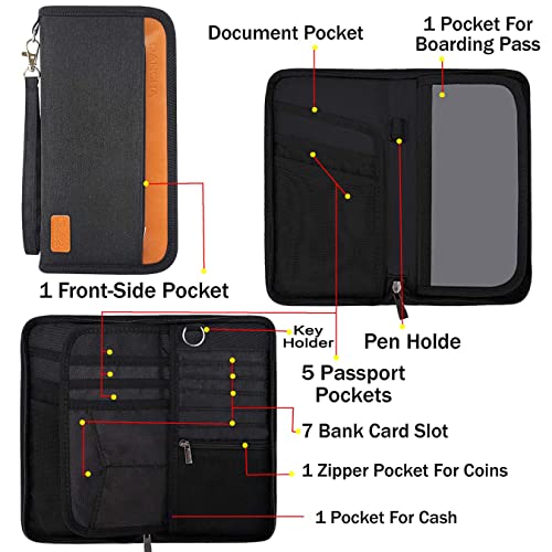 DAHSHA Unisex Nylon RFID Travel Family Passport Holder Card Holder Wallet Travel Accessories Document Organizer, Passport Cover, with Removable Hand Strap (Black- 12.5 x 3 x 23 cm) - Image 3
