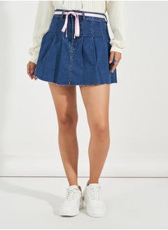 Styli Denim Patterned Design Mini Skirt with Decorative Bow  - Image 2