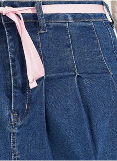Styli Denim Patterned Design Mini Skirt with Decorative Bow  - Image 3
