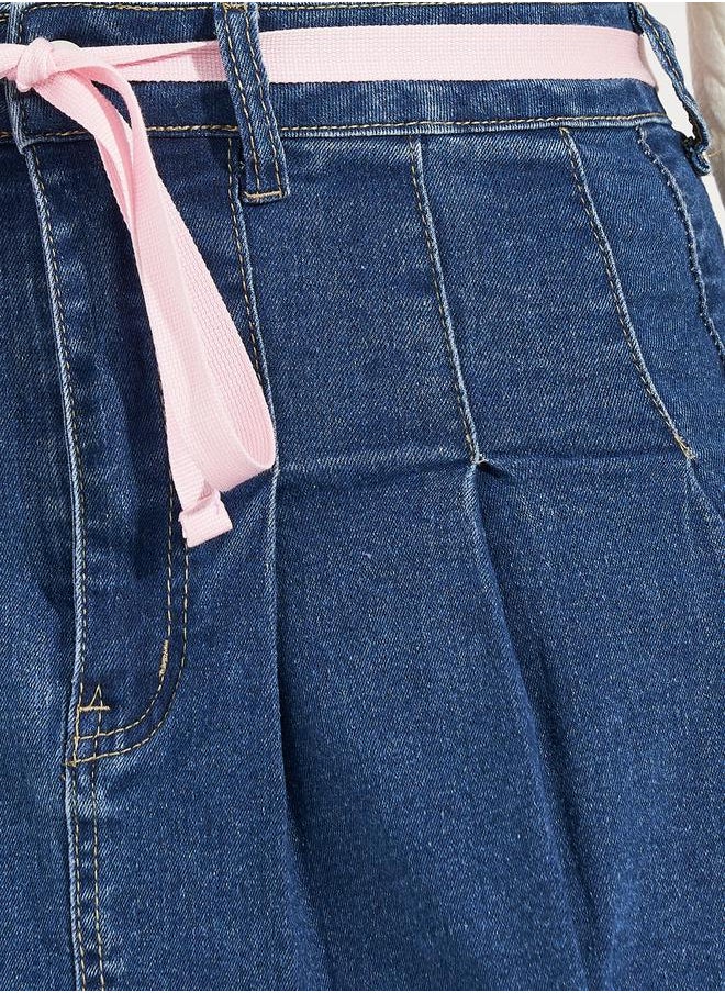 Styli - Denim Patterned Design Mini Skirt with Decorative Bow - Image 1