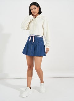Styli Denim Patterned Design Mini Skirt with Decorative Bow  - Image 1