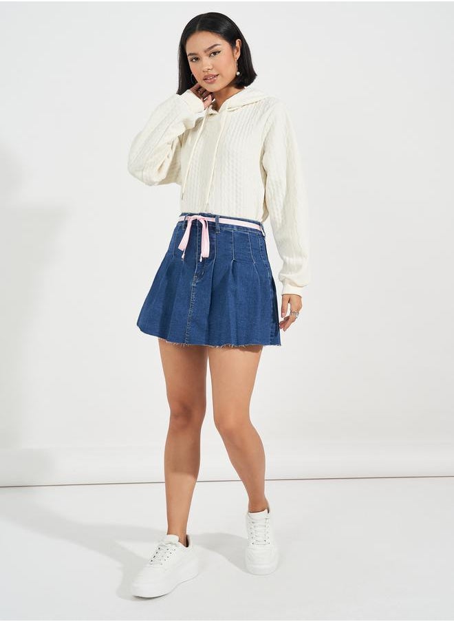 Styli - Denim Patterned Design Mini Skirt with Decorative Bow - Image 1