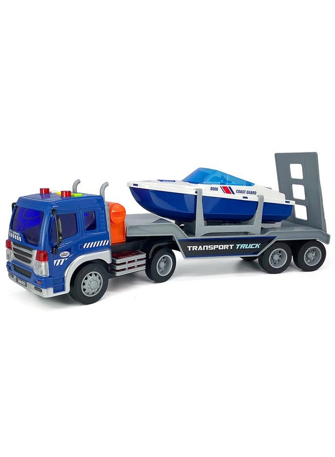 VIIGER Large Flatbed Truck Toy with Trailer Speedboat Semi Tow Truck Flatbed Transport Boat Toy Vehicle 2 in 1 Playset, Light Sound, Toy Trucks for Boys 3 4 5 6 7 Years Old Kids Toddlers Birthday Gifts, blue - Image 1