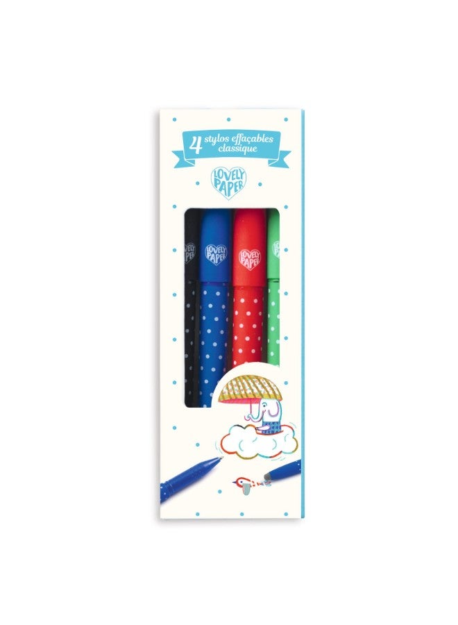 DJECO 4 Classic Erasable Pens With Clip Caps & Erasers - Image 1