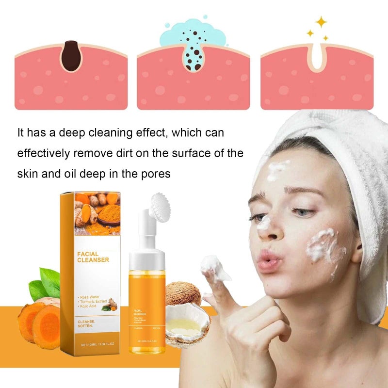 JISKG 2 Pcs Turmeric Facial Cleanser, Glow Wash Turmeric Face Wash With Brush, Deep Cleansing Exfoliating for Women All Skin. - Image 3