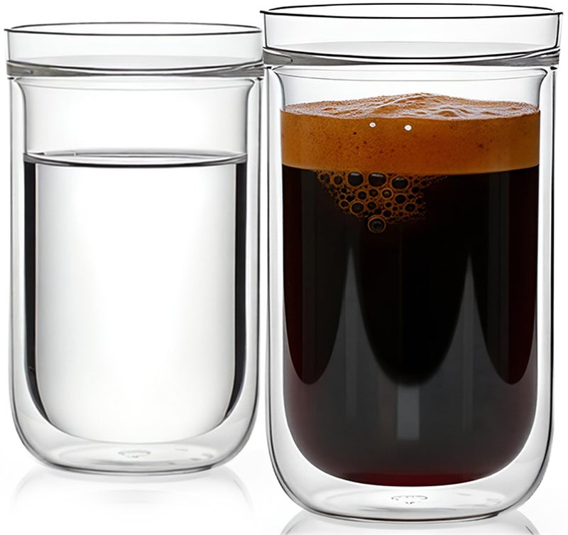 Aquach 12 Oz Double Walled Glass Coffee Mugs, Clear Glass Tea Cups, Microwave and Dishwasher Safe Home Office Insulated Cups Perfect for Americano Latte Hot&Cold Beverages, 2-Pack - Image 1