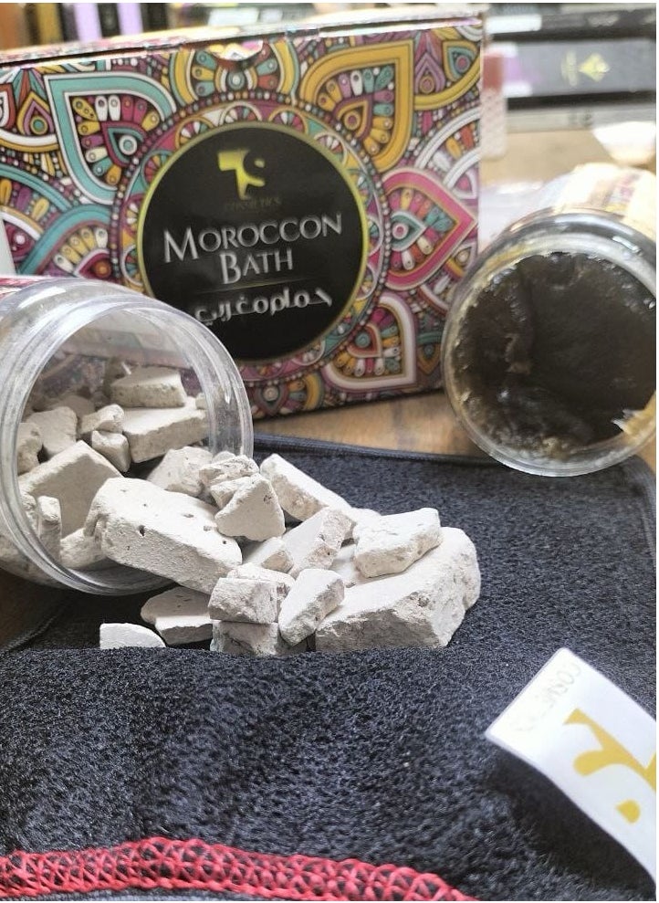 Generic Moroccan bath set consists of Moroccan soap + Moroccan loofah + Moroccan clay. This set will get rid of dead skin and goose skin, and it will also clean and soften the body, and it will also perfume and lighten it very much.  - Image 1
