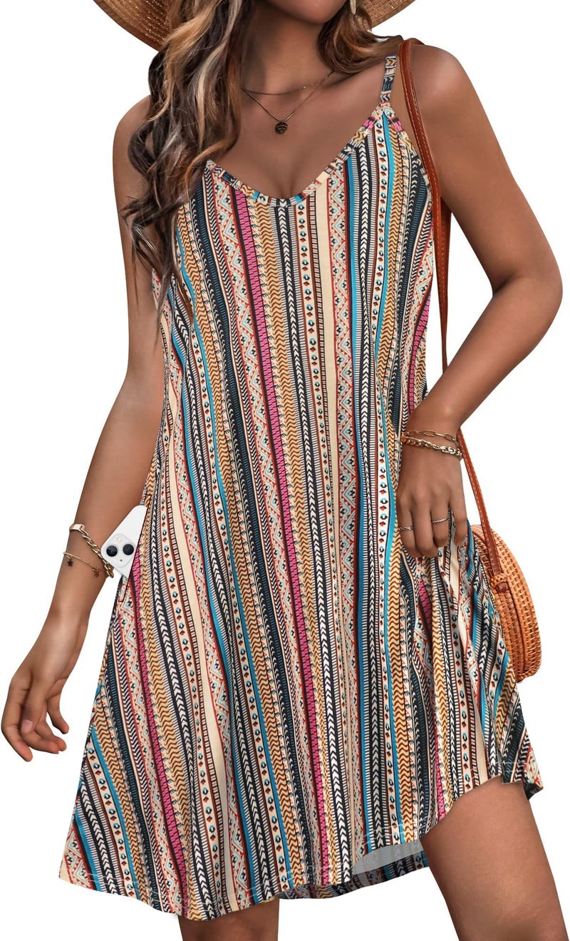 JOELLYUS Womens Summer Dresses Spaghetti Strap Sundress Casual Beach Cover Ups Swing Dress with Pockets (Stripe,XL) - Image 1