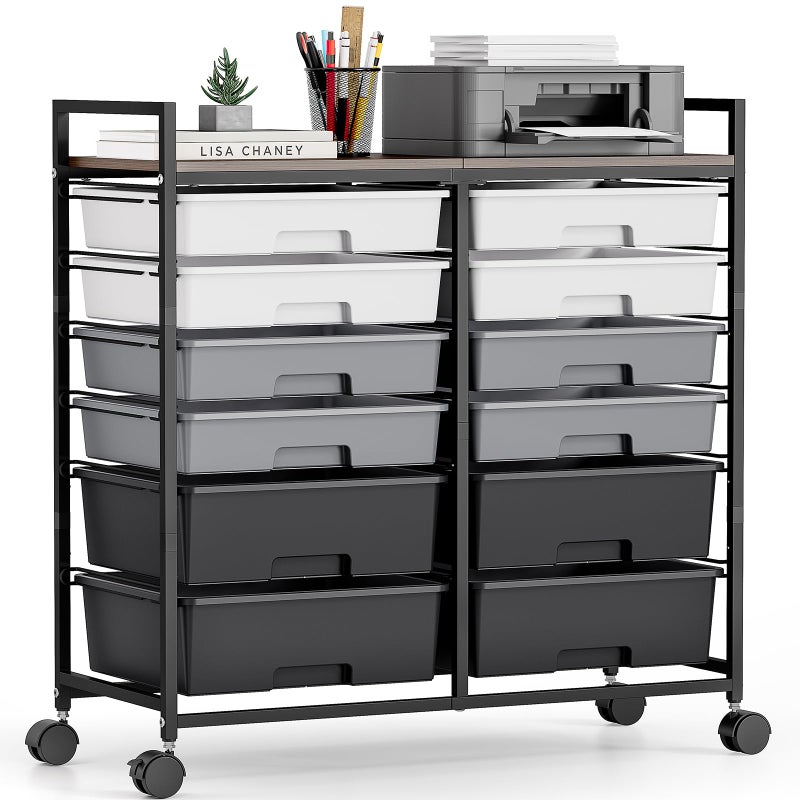 TOOLF Rolling Storage Cart with 12 Drawers, Wooden Tabletop Utility Cart for Craft Storage, Art Supply Storage & Home Office Organization, Teacher Cart with Wheels for Classroom Organization, School (Grey) - Image 1