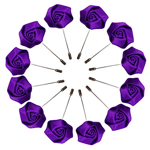Sanrich Rose Boutonniere Men's Lapel Pins Satin Flower 12 Pack Groom Wedding Boutonniere Suit Brooch Outfit Accessories (purple) - Image 1